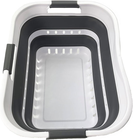 SAMMART Collapsible Plastic Rectangular Laundry Basket - Foldable Pop Up Storage Container/Organizer - Portable Laundry Hamper - Space Saving (White/Steel Grey, 30L)