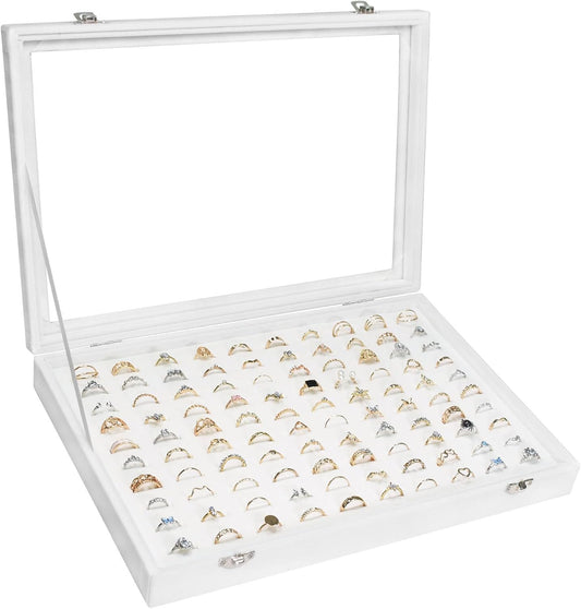 Velvet Ring Display Tray Organizer Box with Transparent Lid, 100 Slot Ring Holder Showcase For Store Display Jewelry Show Home, Ring Organizer For Rings Earrings (Ivory)