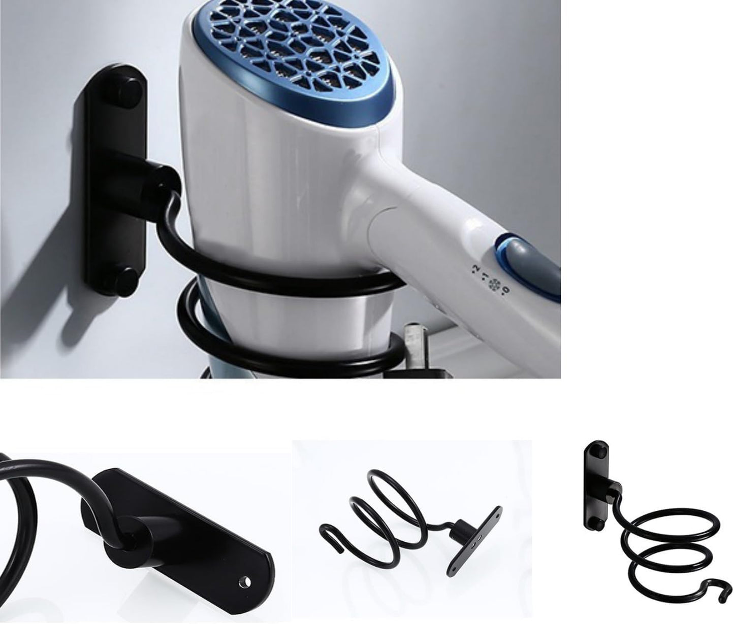 Blow Dryer Holder Wall Mounted Bathroom Hair Dryer Hanger Hair Tool Organizer for Full Size Dryer Swivel Storage Rack with Armrests for Flat Iron Curling Iron Space Saving Design (Black)