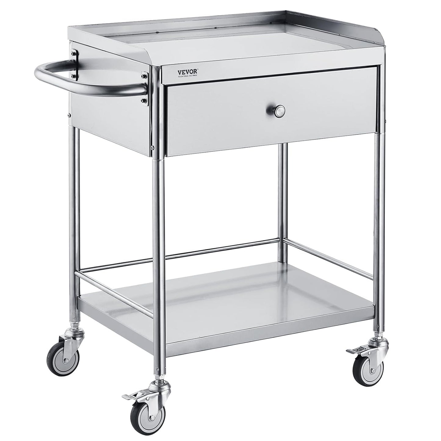 VEVOR Medical Cart, 2-Layer Stainless Steel Cart 220 lbs Weight Capacity, Lab Utility Cart with 360° Silent Wheels and a Drawer for Lab, Clinic, Kitchen, Salon