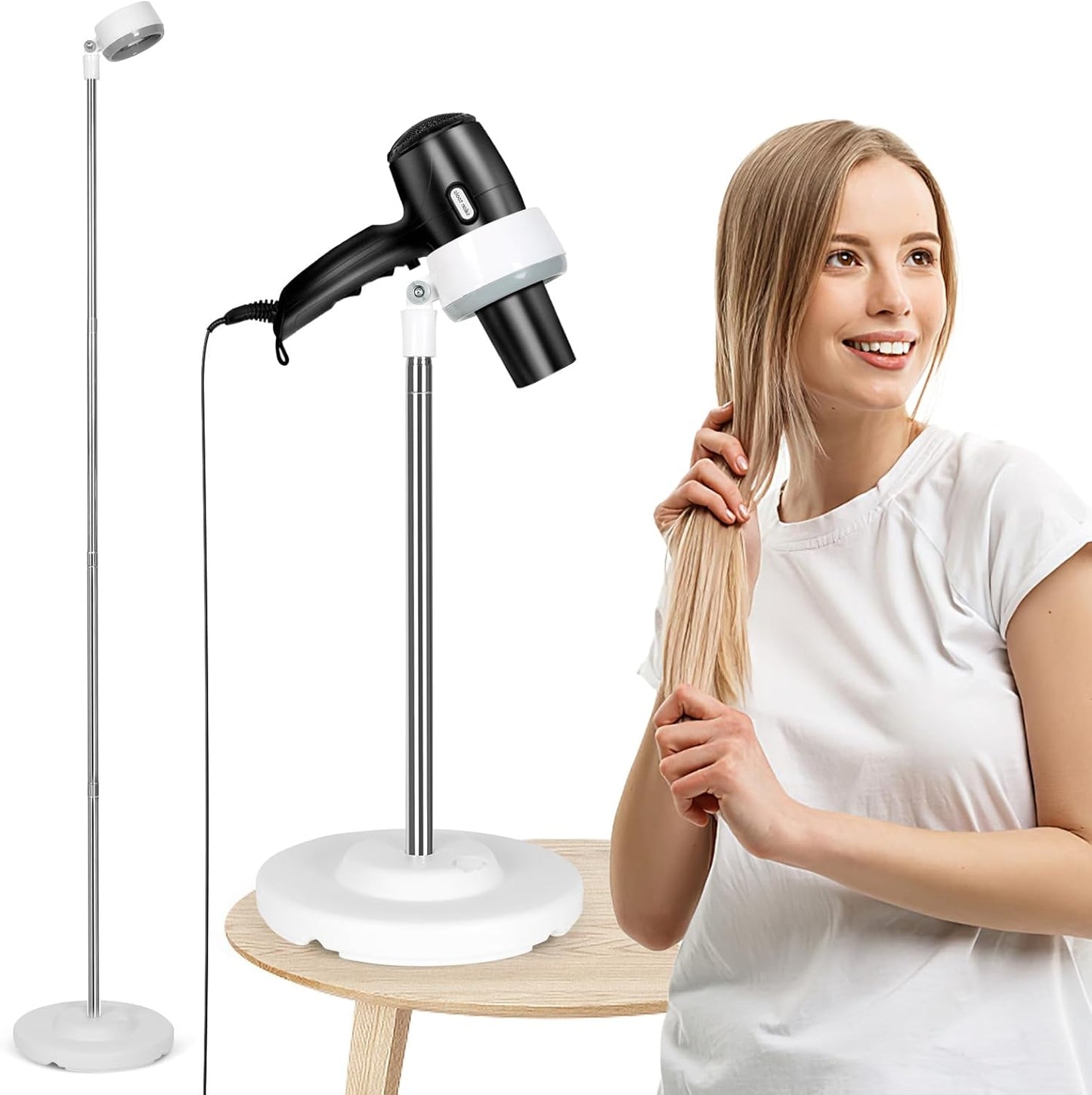 INNOLIFE Hair Dryer Stand, Adjustable Height Handsfree Hair Dryer Holder with Base, 180 Degree Rotating Floor Stand Blow Hairdryer Holder - White