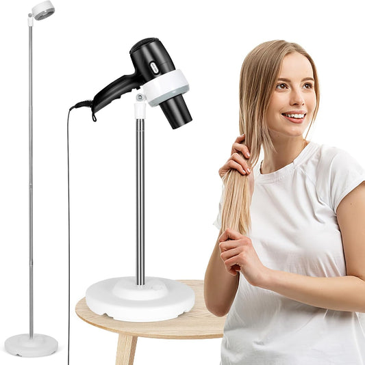 INNOLIFE Hair Dryer Stand, Adjustable Height Handsfree Hair Dryer Holder with Base, 180 Degree Rotating Floor Stand Blow Hairdryer Holder - White