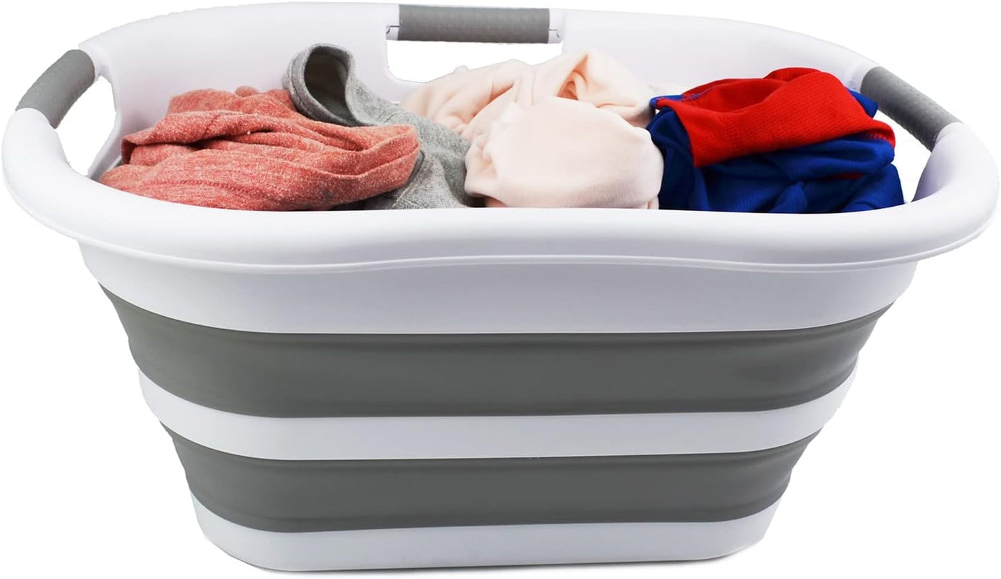 SAMMART 30L (7.9 gallon) Collapsible Plastic Laundry Basket - Foldable Pop Up Storage Container/Organizer - Portable Washing Tub - Space Saving Hamper/Basket (1, White/Grey)