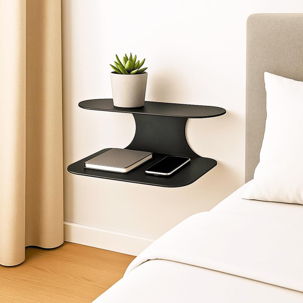 Simple Metal Floating Nightstands Set of 2, Wall Mounted Black Bedside Shelf for Bedroom, Minimalist Modern Bedside Stand, Floating Shelf with 2 Tier Storage for Bedroom (Black, Set of 2)