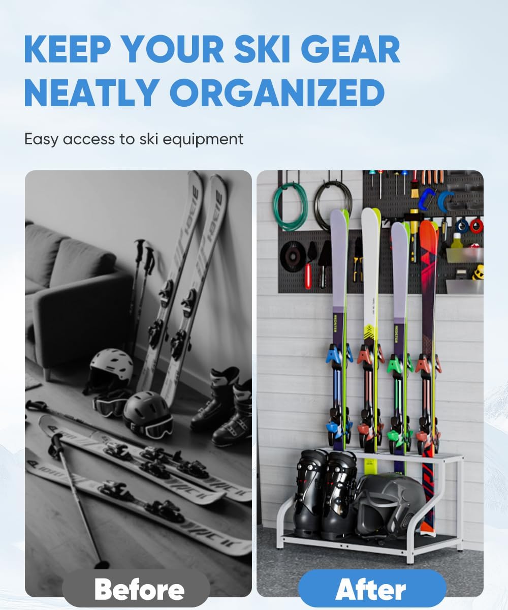 Ski Storage Rack for Garage — Freestanding Ski Holder for 4 Pair Skis, Boot, Helmet, Goggles, Indoor Snowboard Rack Organizer Stand for Home, Shed, Basement, White
