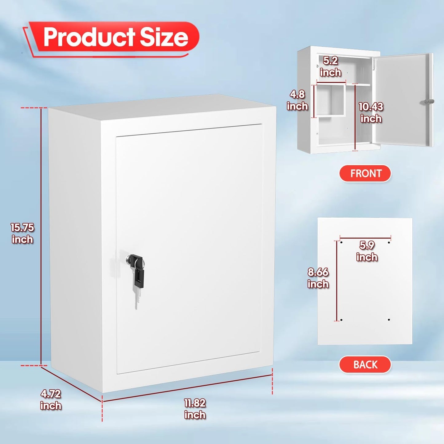 Wall-Mount Locking Medicine Cabinet: Large Metal Storage Organizer Box with Key Lock - First Aid Medicine Cabinet 3 Compartment Design for Bathroom Home Office (15.75" H x 11.82" W x 4.72" D)