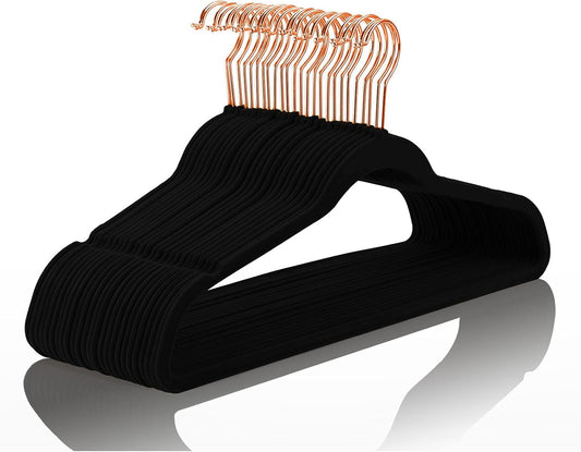 MIZGI Premium Velvet Hangers (30 Pack) Heavy Duty- Non Slip - Velvet Suit Hangers Black - Copper/Rose Gold Hooks,Space Saving Clothes Hangers (Black)