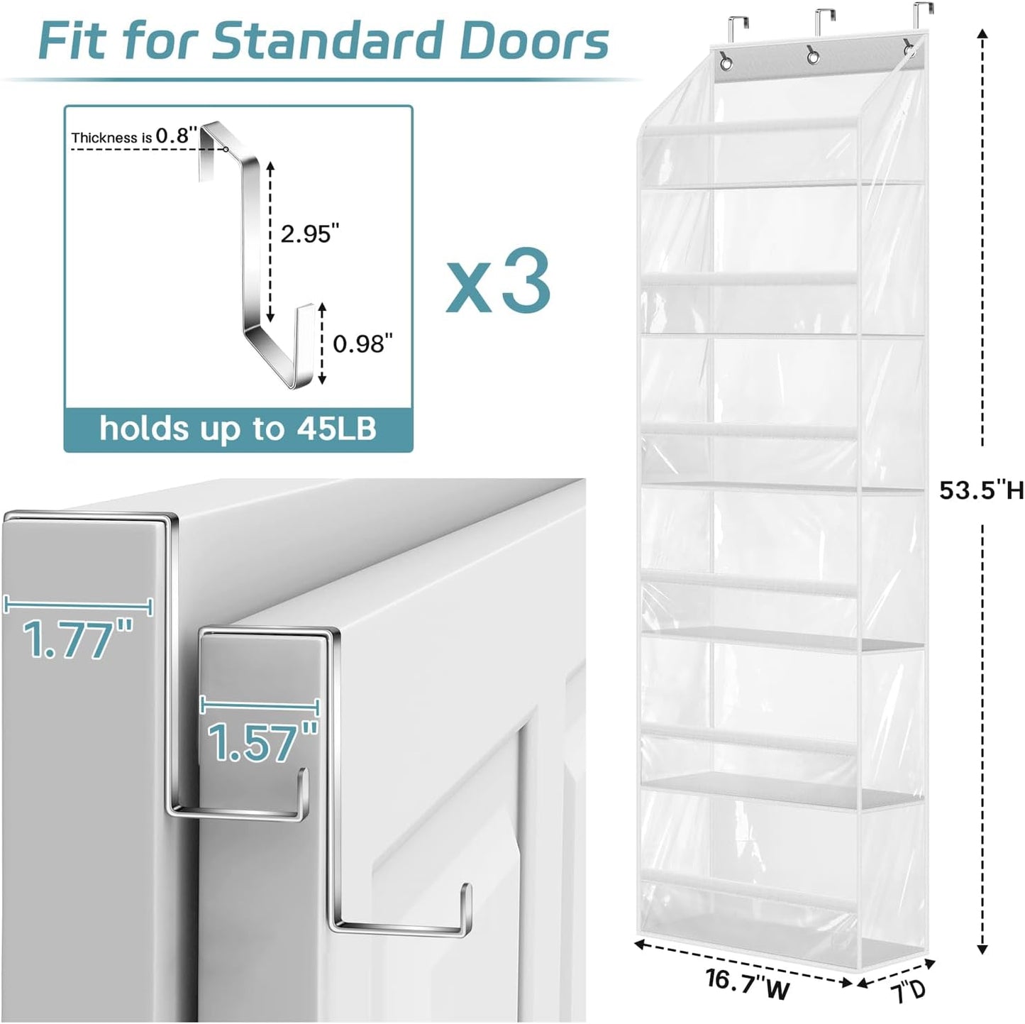AOODA Clear Over the Door Hat Racks for Baseball Caps, Large Holds up to 72 Caps Hat Storage Organizer for Closet Wall, Deep Pockets Hanging Snapback Holder Shelves with 3 Hooks, White