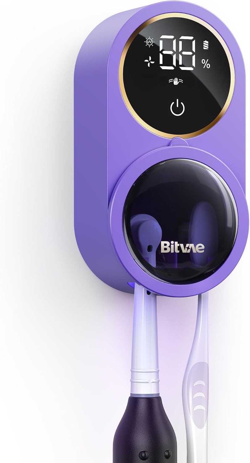 Bitvae Upgraded Tooth Brush Holder for Bathroom 2.0, Infrared Sensing Toothbrush Cleaner, Wall-Mounted for Most Size Toothbrushes, Air Drying, LED Smart Screen, Purple