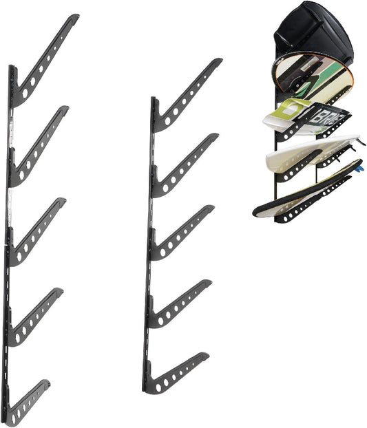 5 Board Surf Rack Wall Mount for Surfboard, Wakeboard, Snowboard Storage Adjustable Wall Hangers Boards Display, Black