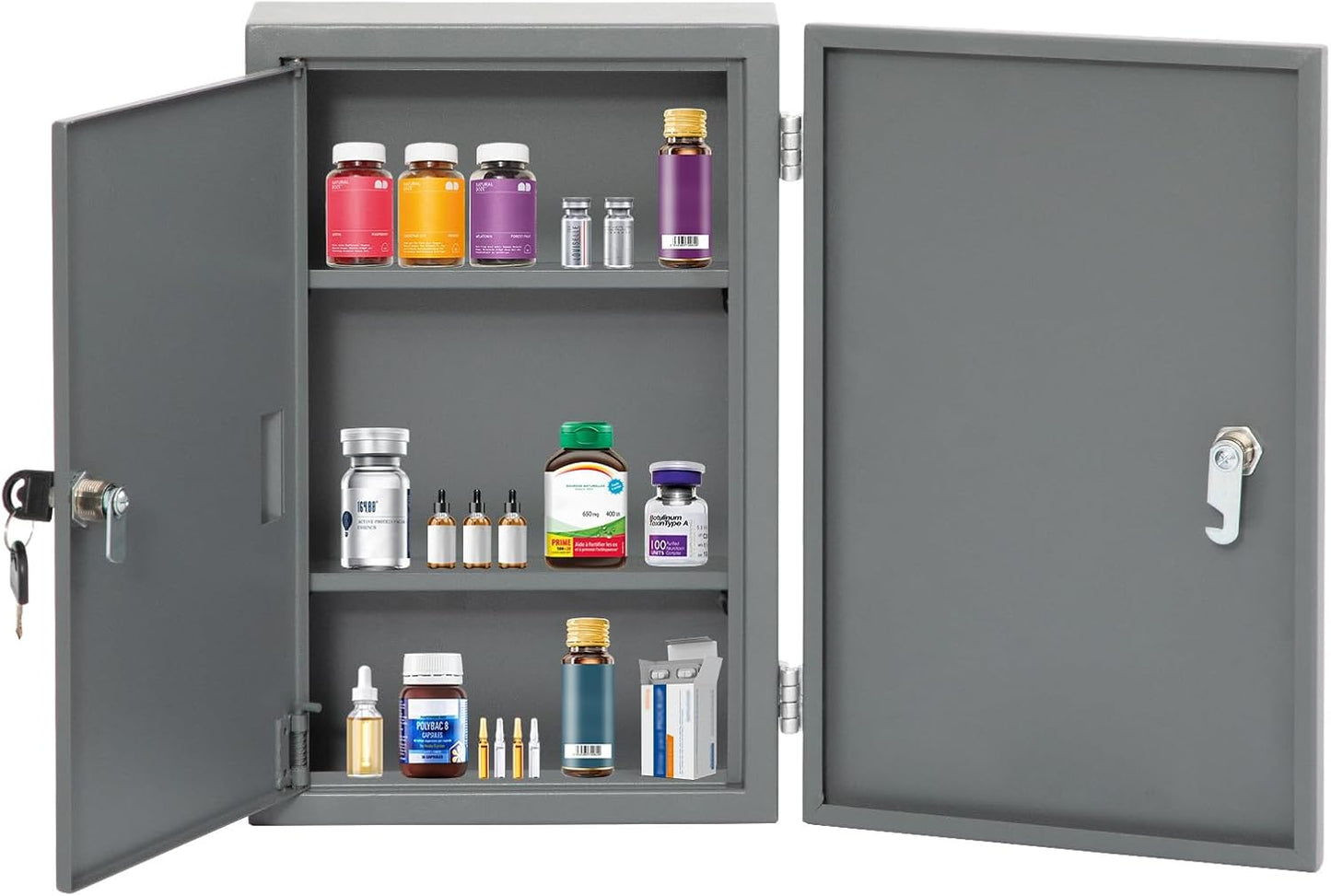biosp First Aid Wall Mount Medicine Cabinet with Lock, Steel Drug Cabinet with Double Door, Locking Narcotics Safe, 3 Tier Emergency Box, Secure Steel Lock Box for Medication, Grey