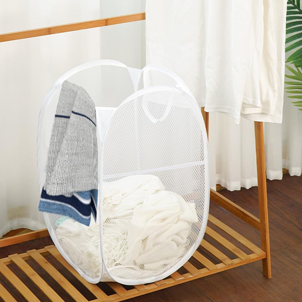 Larpur Pop Up Laundry Hampers, Portable Mesh Laundry Baskets, Collapsible Clothes Laundry Bin for Bedroom, Travel, Bathroom, College Dorm, White - 2 Pack
