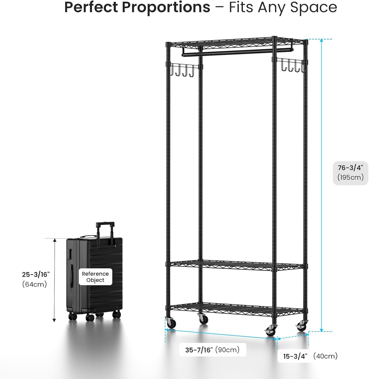 Garment Rack Heavy Duty 3 Tiers Adjustable Freestanding Metal Rolling Clothing Rack with Double Rods and Side Hooks for Hanging Clothes, Black