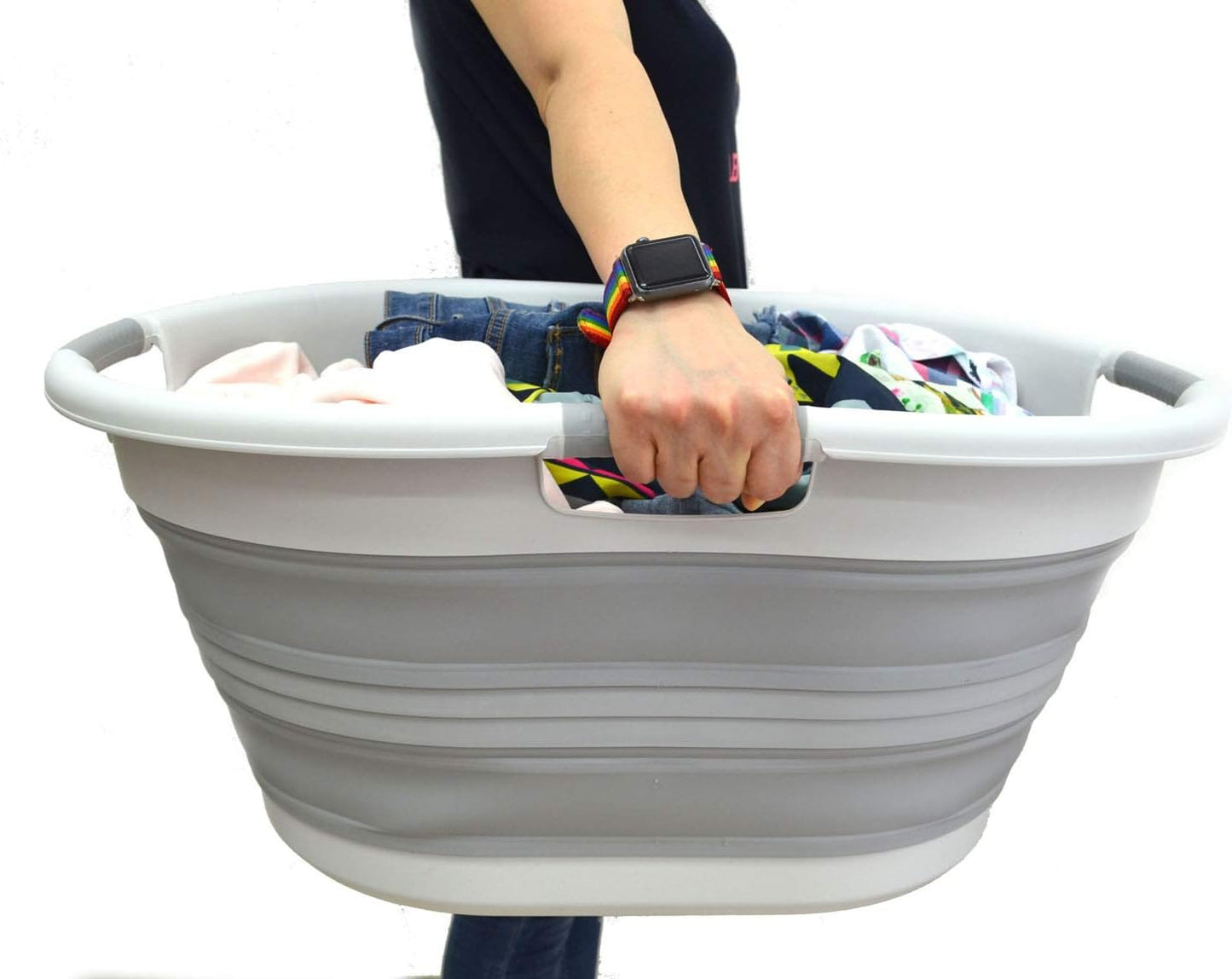 SAMMART 57L (15 Gallons) Collapsible 3-Handled Plastic Laundry Basket - Oval Tub - Portable Washing Tub-Space Saving Laundry Hamper, Water Capacity 44L / 11.6 Gallon (1, Grey)