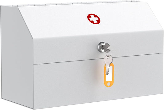 Uniclife Wall Mount Medicine Cabinet with Key Lock Locking First Aid Cabinet Lockable Medical Cabinet Small Medicine Organizer Secure Steel Wall Cabinet Metal Storage Box, White