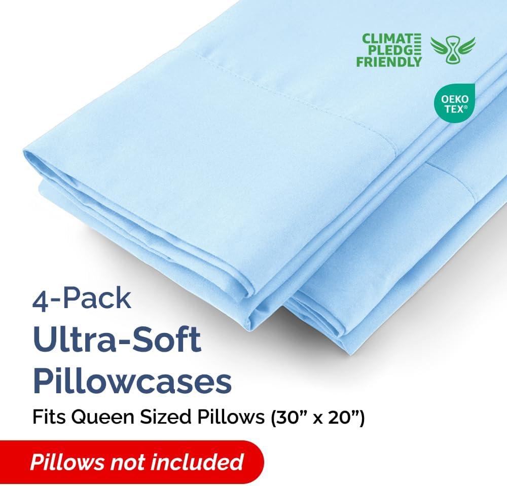 Queen Pillow Cases - 4 Pack - Super Soft Pillowcase Covers - Envelope Enclosure - Hotel Quality Pillow Protectors - Wrinkle Free, Shrink & Stain Resistant - Machine Washable - 20" x 30" (Light Blue)