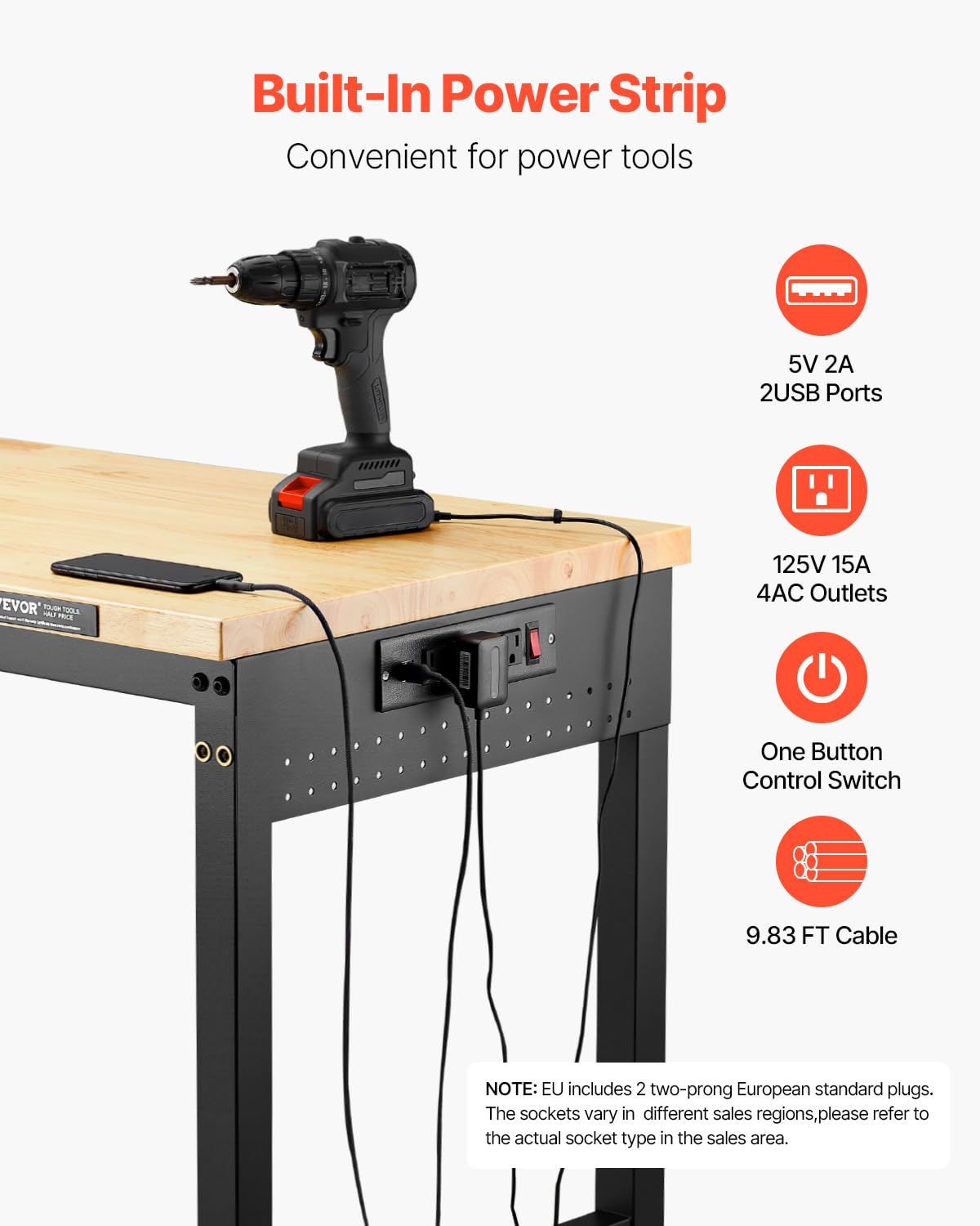 VEVOR Adjustable Workbench, 60 Inch Work Bench with Power Outlet, Wheels, and Pegboard, 2000 lbs Load Heavy Duty Oak Wood Top Work Table for Garage, Workshop, Office, and Home