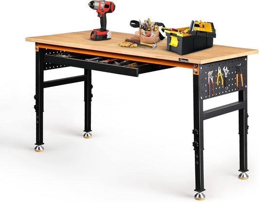 Betterhood 60" Heavy-Duty Adjustable Workbench for Garage, Rubber Wood Shop Table W/Double Pegboards & Drawer,Hardwood Workstation Weight Capacity Over 2000 Lbs