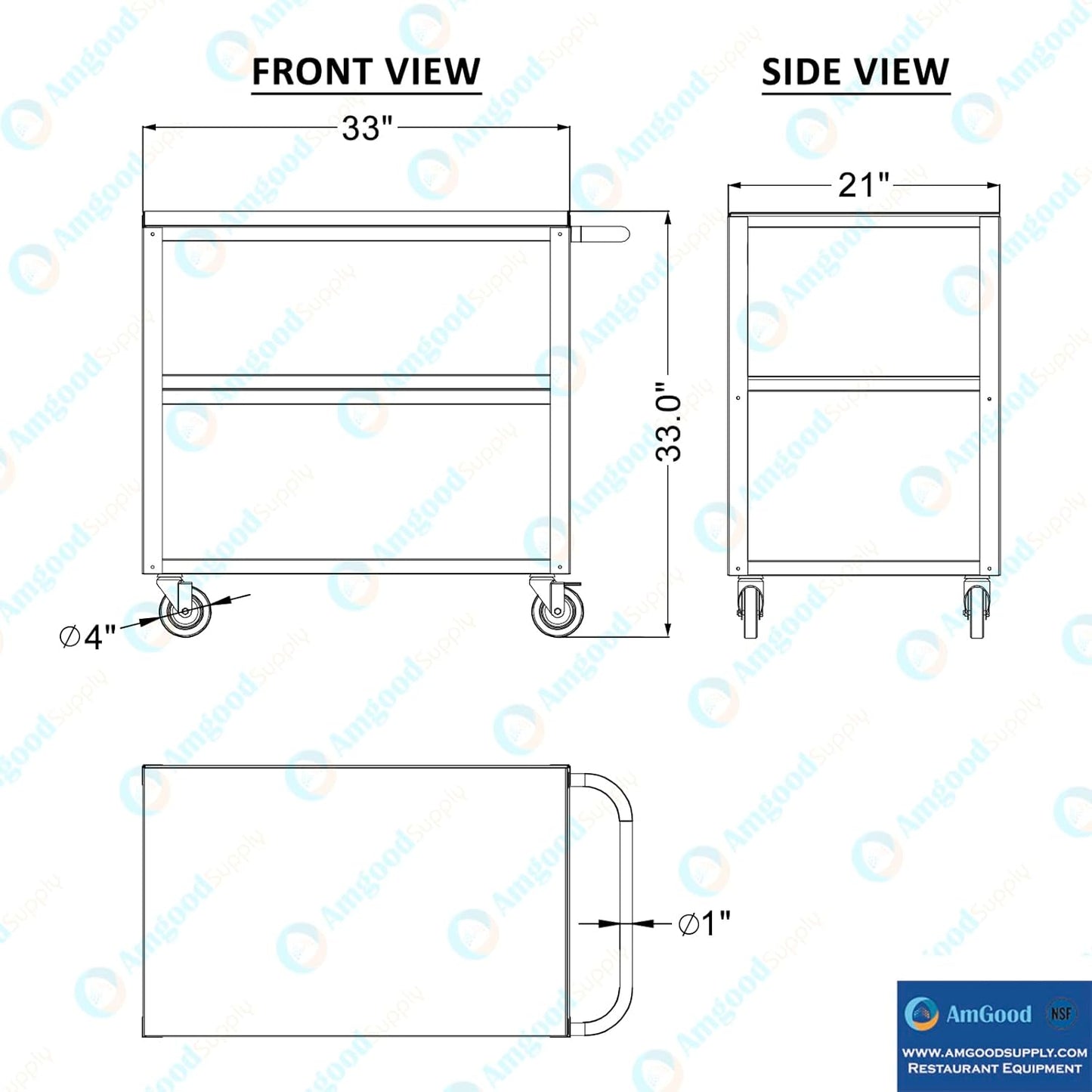 21 in. Wide X 33 in. Long X 33 in High | 3 Shelf Metal Utility Cart on Wheels with Handle