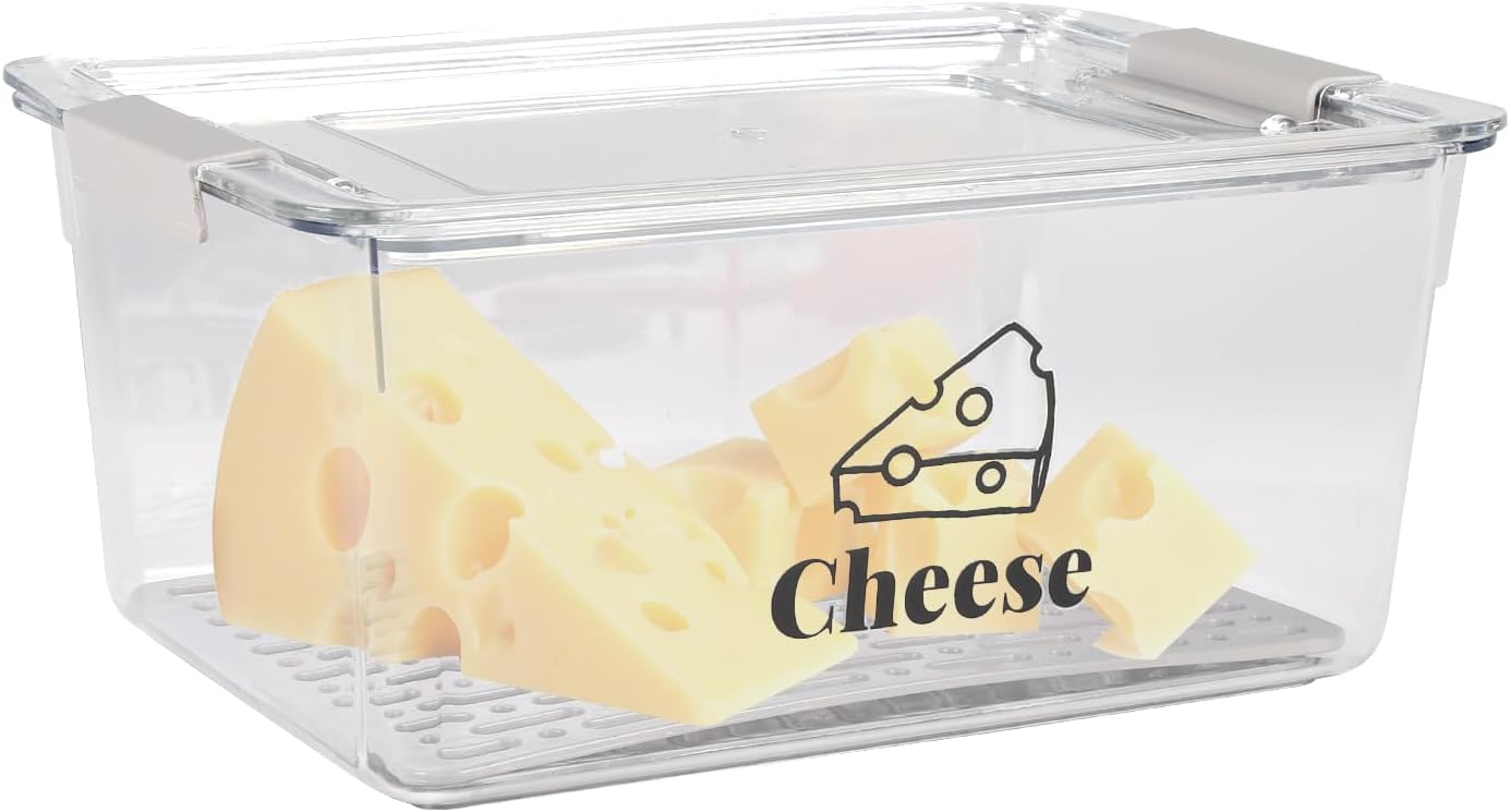 Cheese Container Airtight with Draining Basket Cream Cheese Sliced Cheeses Box with Lid Saver for Fridge Cheeses Keeper Cream Block Shredded Storage Box Saver (Clear)