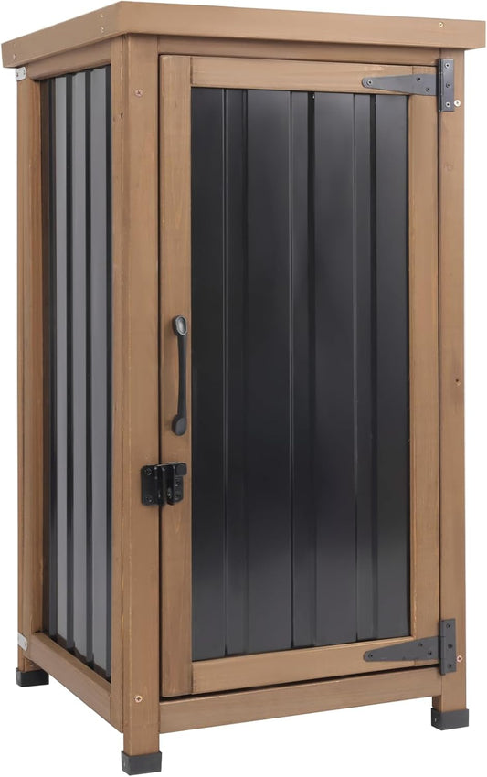 Small Outdoor Storage Cabinet Waterproof with Metal Top, Wood & Metal Outside Potting Bench Table Tool Organizer with Adjustable Shelf for Patio Backyard Garden
