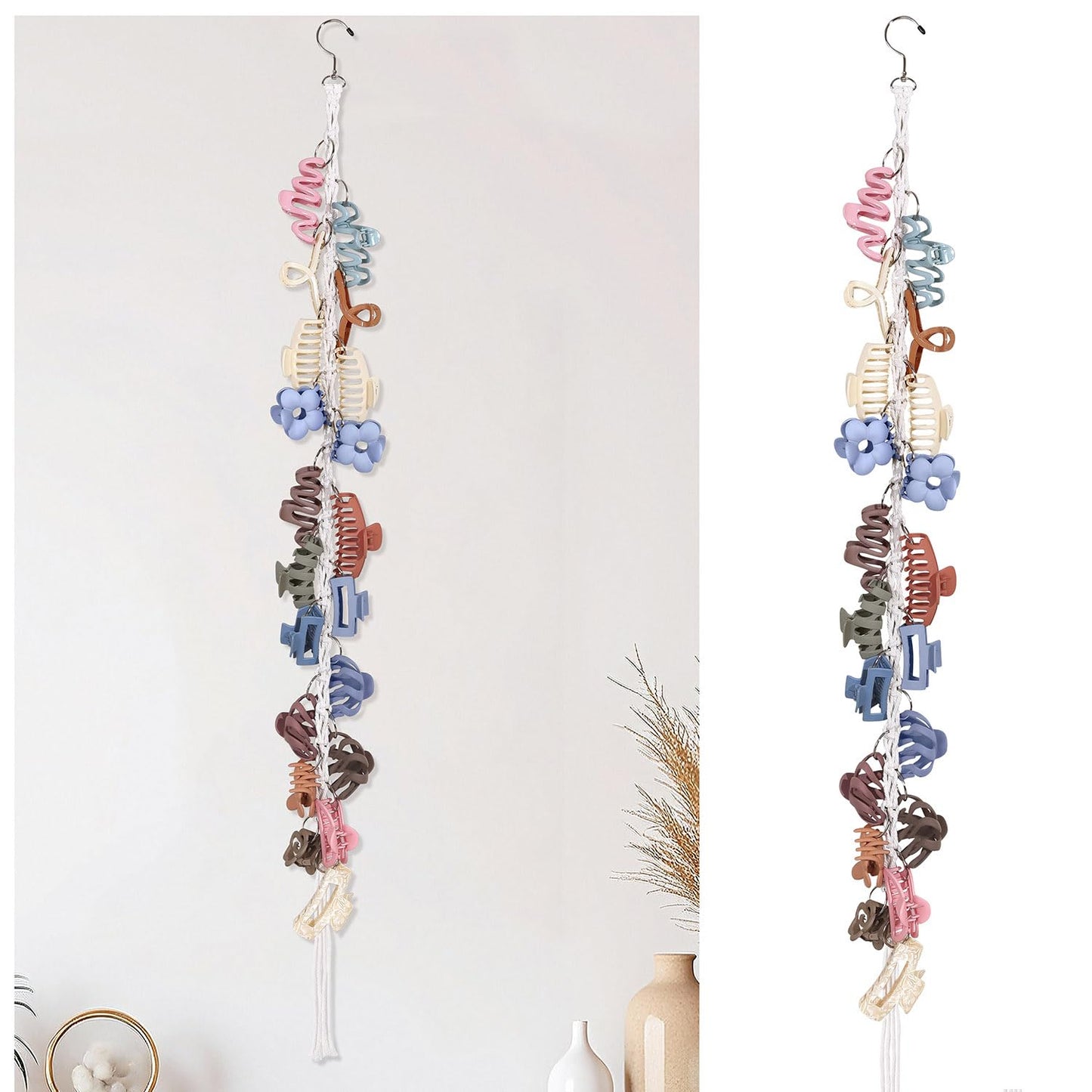 SNOWSTAR Macrame Hair Claw Clip Organizer with Rotating Hook and 20 Metal Rings,Hanging Hair Clip Holder and Storage for Women Girls,Claw Clips Hanger Home Decor for Wall,Door,Closet