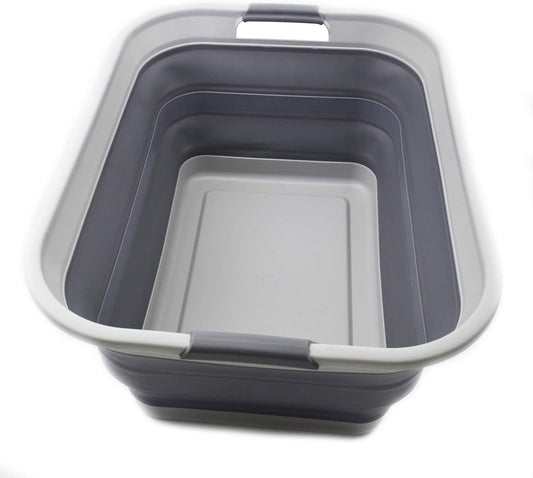 SAMMART 42L(11 gallon) Collapsible Plastic Laundry Basket-Foldable Pop Up Storage Container/Organizer-Portable Washing Tub-Space Saving,Water capacity 34L(9 gallon) (1 Rectangular - strengthen, Grey)