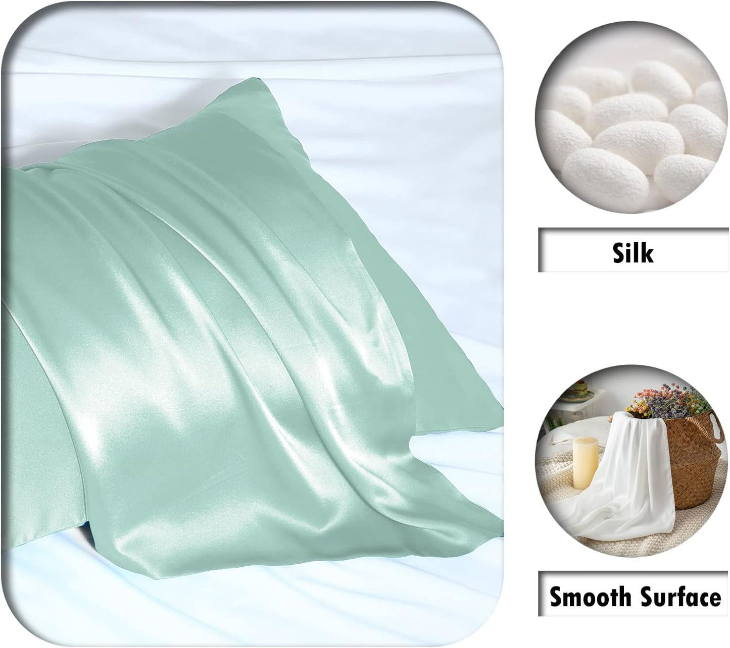 SUATIEN Mulberry Silk Pillow Cases Queen Size Silk Pillowcase for Hair and Skin with Zipper Soft Breathable Smooth Cooling Silk Pillow Case for Sleeping,Gifts for Women (Sage Green,20"X 30",1Pcs)