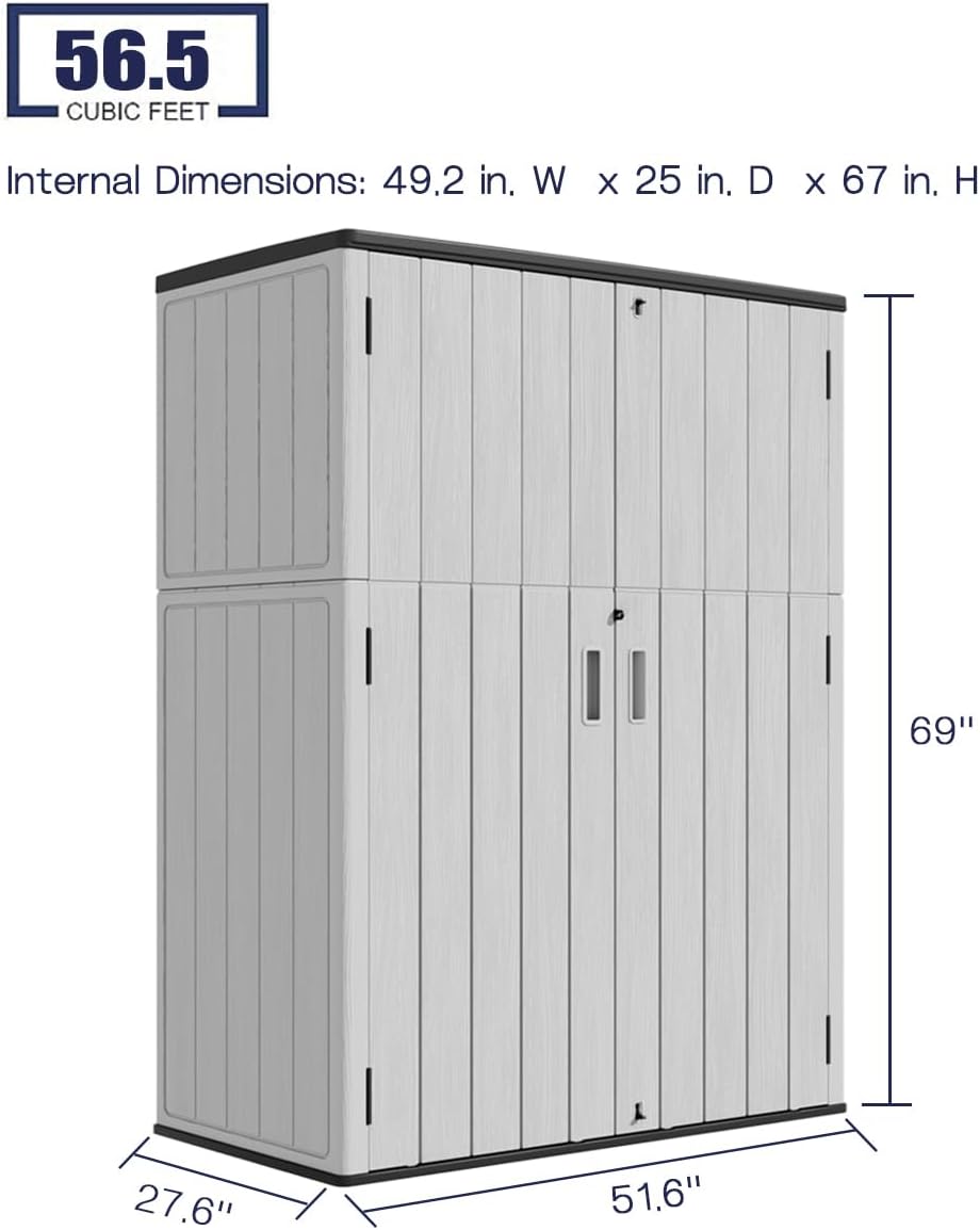KINYING Outdoor Vertical Storage Shed,57 Cu.ft Outdoor Storage Cabinet Waterproof,Resin Sheds & Outdoor Storage for Garden,Patio,Backyard,Lockable (Grey Color)