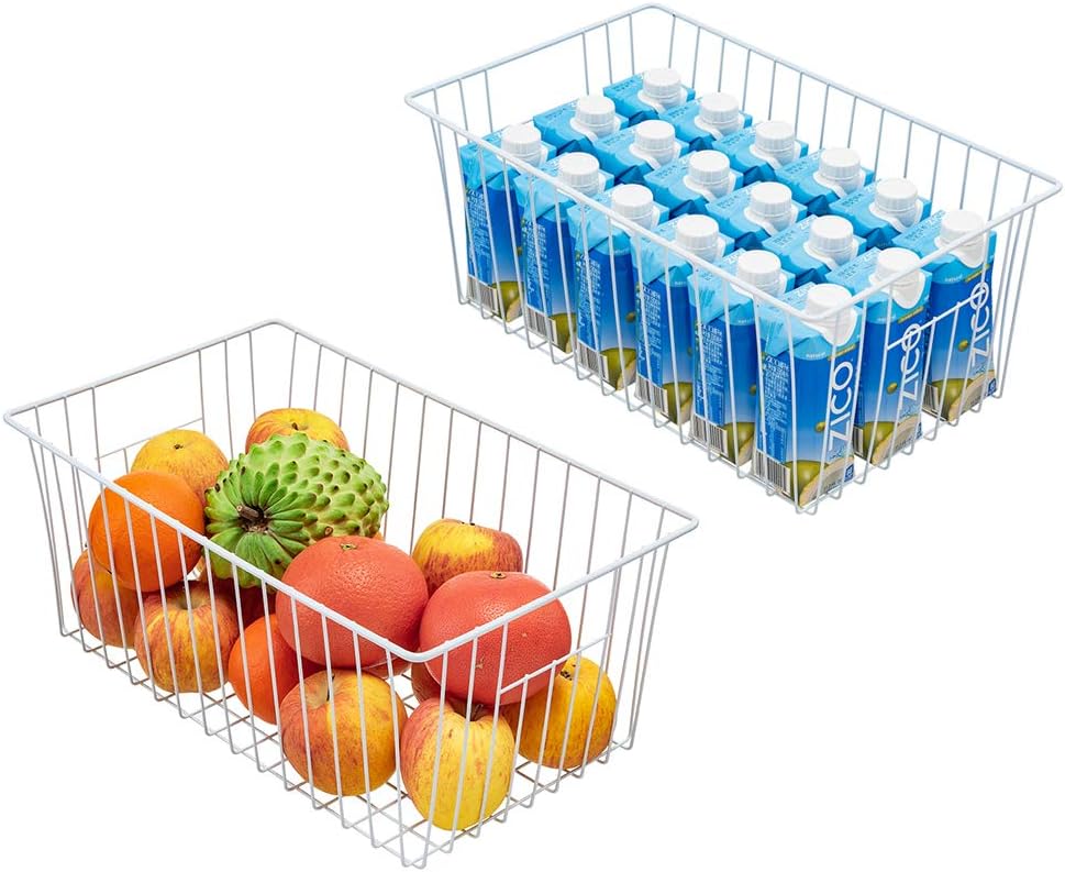 Freezer Basket Organizer, Refrigerator Metal Wire Storage Divider, Household Container Bins with Handles for Kitchen, Pantry, Cabinet, Closets - Pearl White (4, 16in x 9in x 7in)