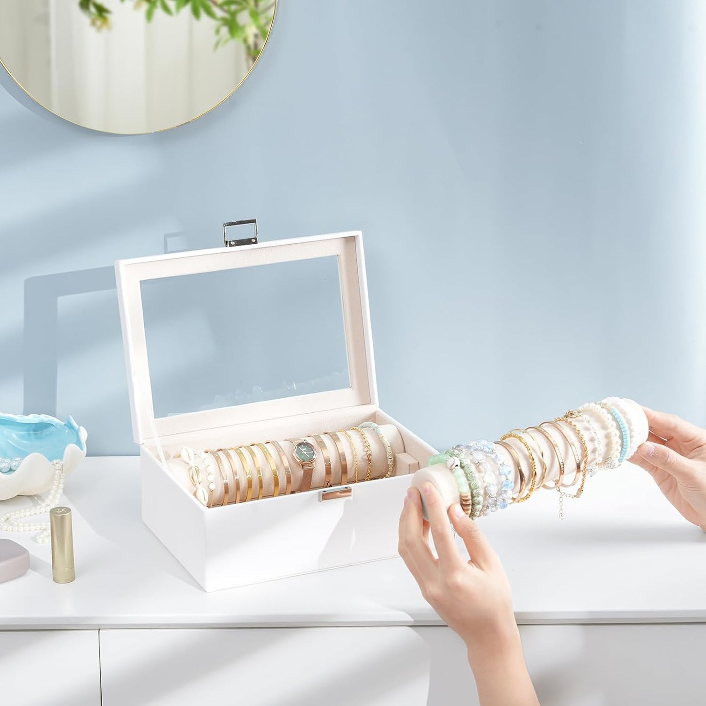 Lolalet Bracelet Display Holder with Rods for Bangles Watches, Clear Lid Jewelry Organizer Box Storage Case for Women Girls -White