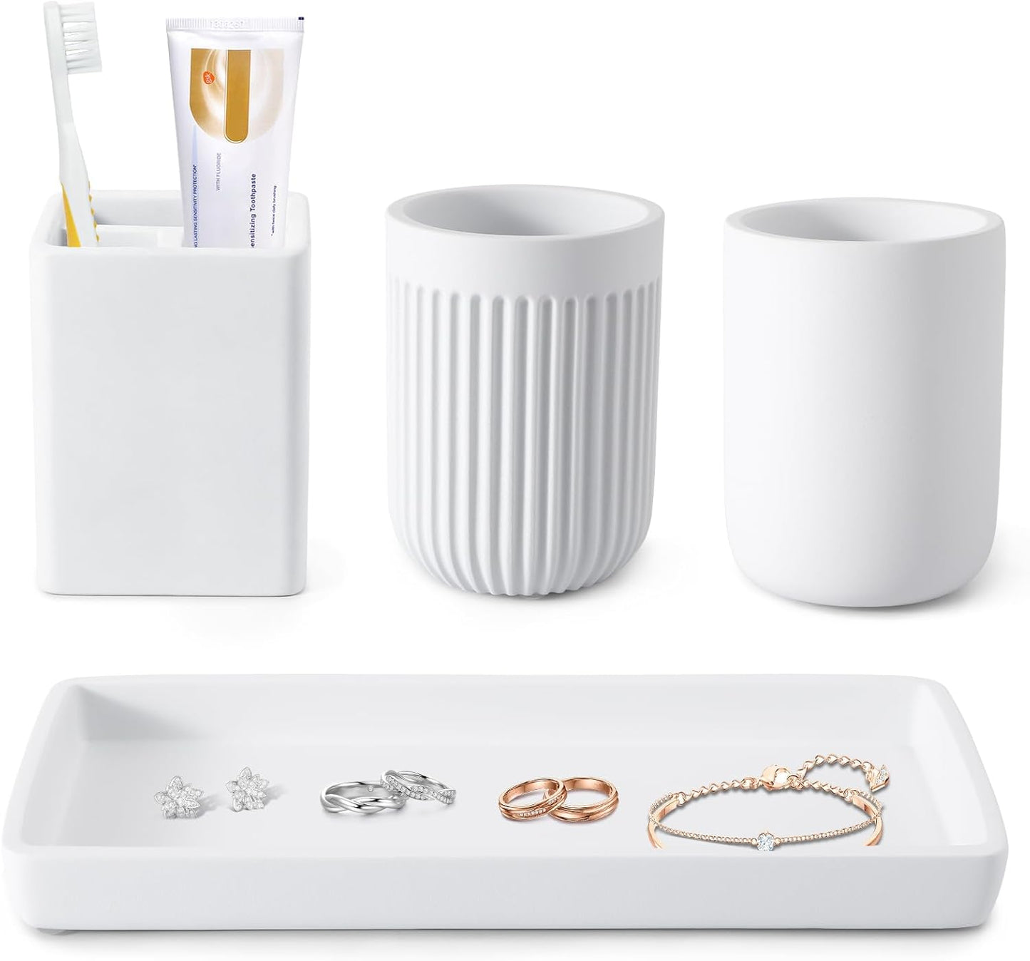 Resin Bathroom Toothbrush Cups Set with Holder and Tray, 4 Pcs Matte White Bathroom Accessories Set Counter Organizer for Sink Home Decor