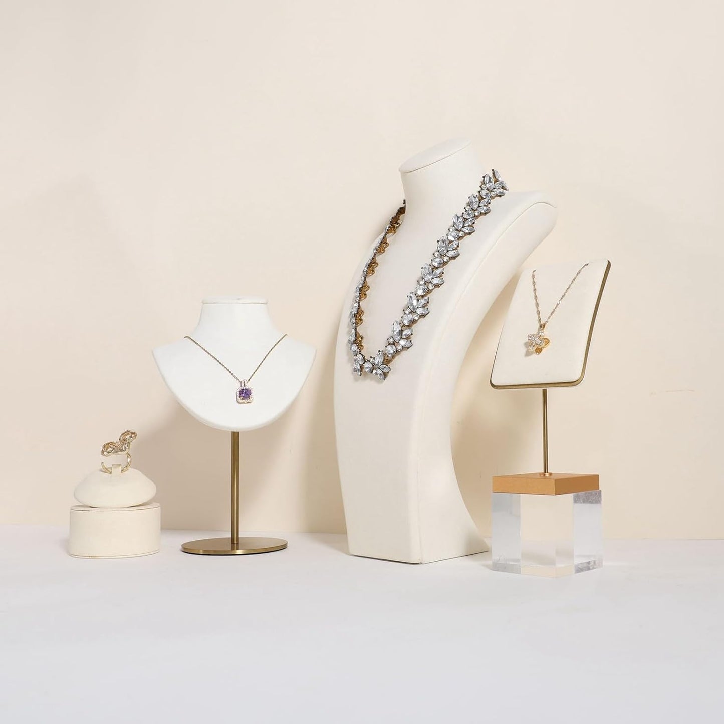 GemeShou Beige necklace storage organizer for sale, Velvet necklace holder stand, jewelry bust display stands, Jewelry Mannequin for Countertop, Showcase【Beige-Large height 12.4 inch】