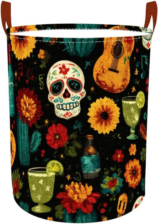 Laundry Baskets 15.7x19.7 Inch Day of the Dead Skull Guitar Cocktail Design Collapsible Laundry Hamper with Handles Oxford Fabric Clothes Storage Bin Foldable Dirty Clothes for Bedroom Bathroom