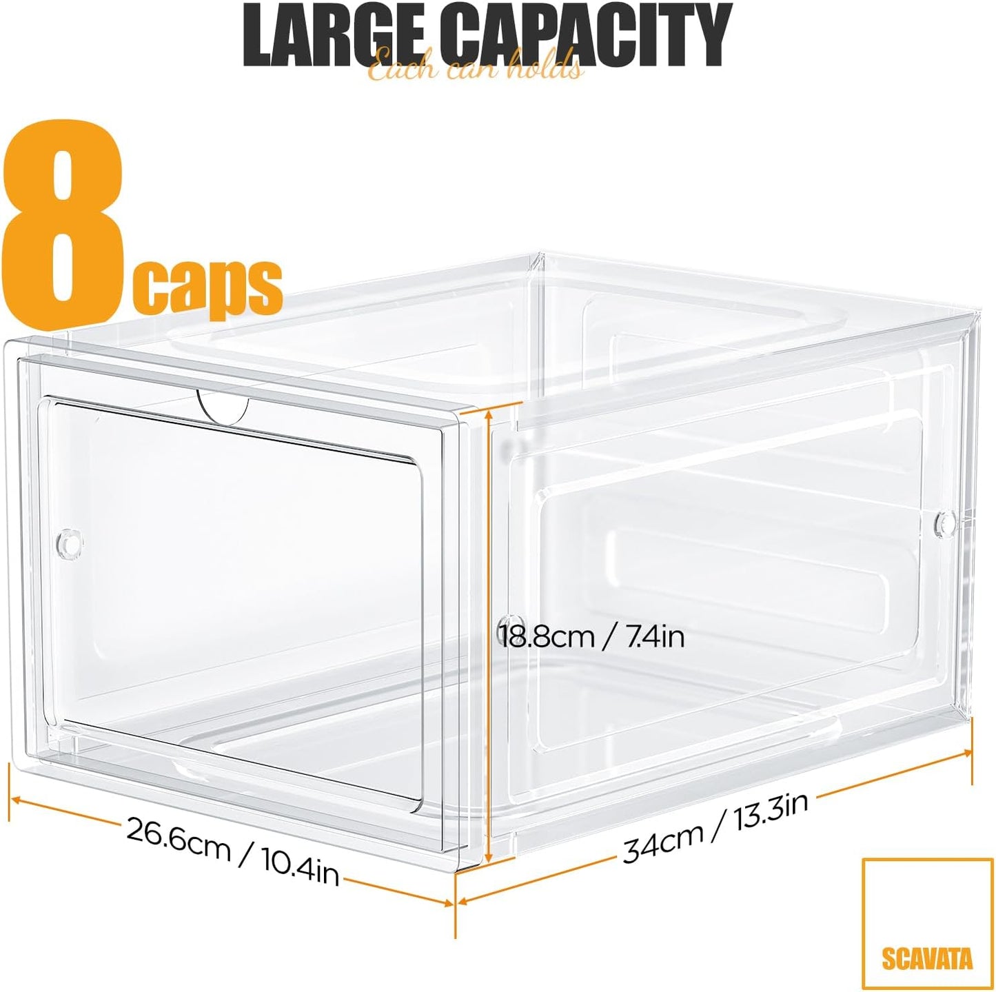 Hat Organizer Box, Stackable Clear Baseball Caps Holder Box Containers with Magnetic Door for Hats Snapback Cap Storag, Hat Rack Display Case, Holds 8 Hats Each (Clear, 4 Pack)