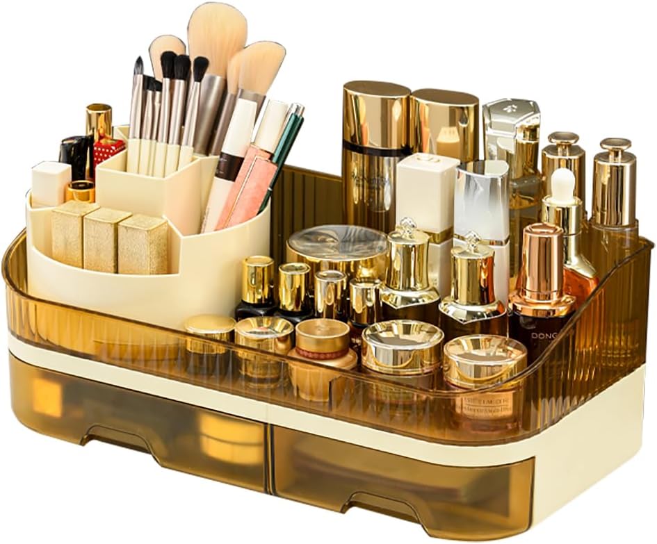 Large Plastic Makeup Organizer with Rotating Brush Holder for Vanity - Bathroom Countertop Skin Care Storage, Easy for Lipsticks, Nail Polishes, Perfumes & Eyeshadow Palettes