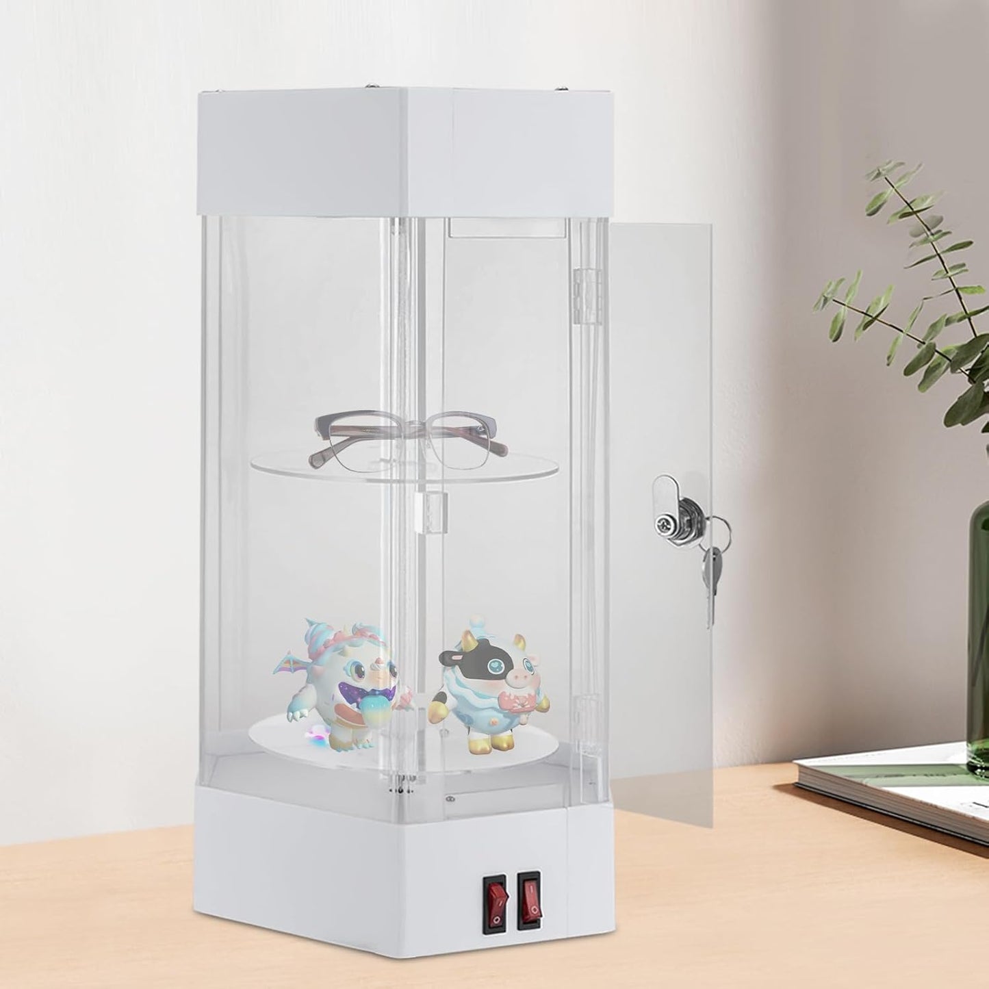 LED Electric Rotating Acrylic Display Case, Jewelry Display Case, Free Standing Electric Rotating Display Case with Lock and Keys for Cosmetics Jewelry Watch Sunglasses White/Balck (White)