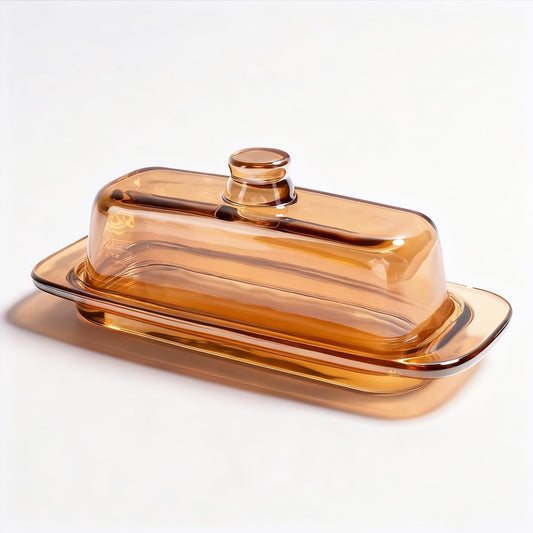 Butter Dish with Lid for Countertop, Elegant Champagne-Colored Covered Glass Butter Holder Tray Container