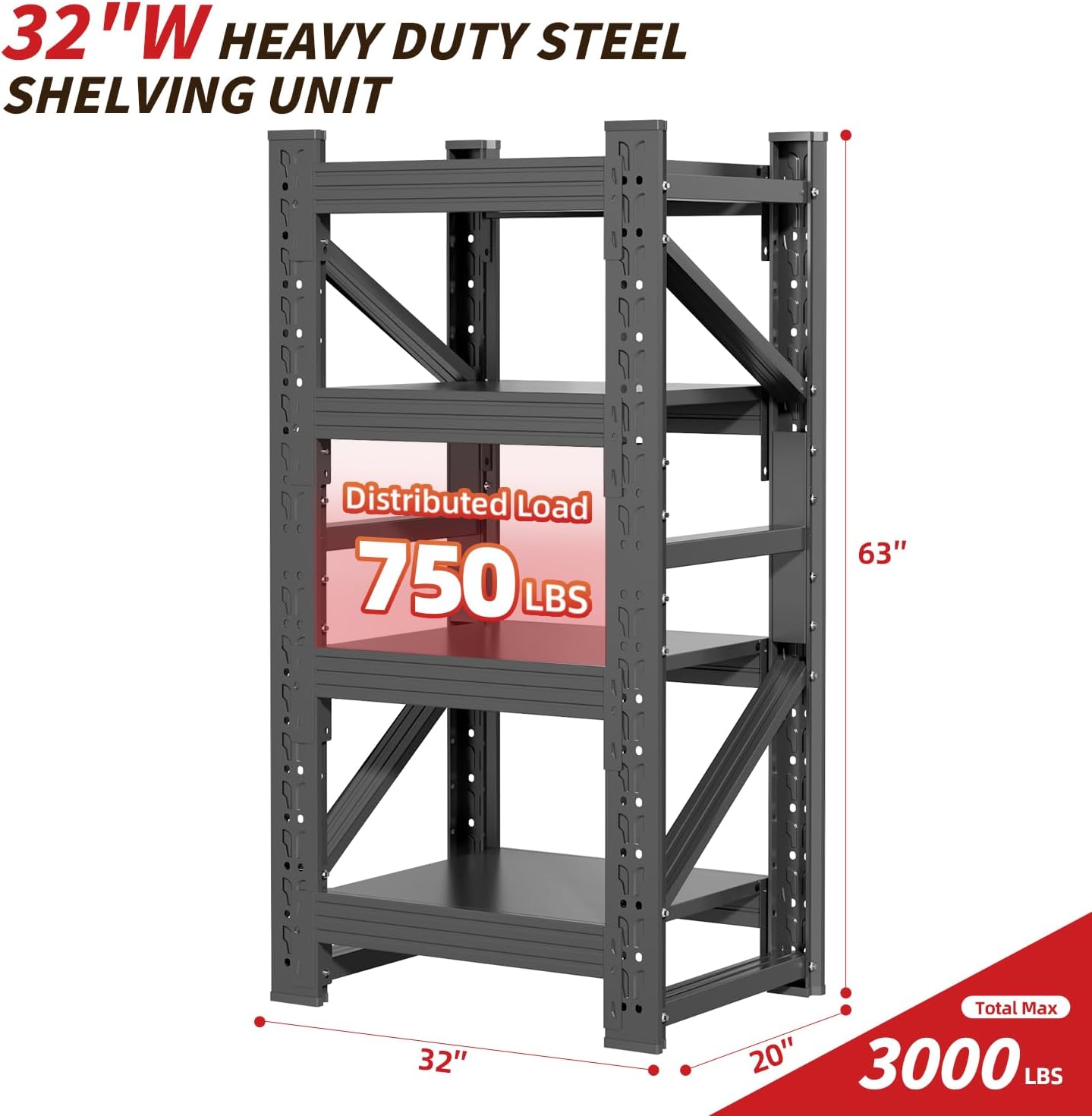 32" W Garage Shelving,4-Tier Heavy Duty Storage Shelves Unit with Adjustable Metal Shelf for Warehouse,Basement,Workshop,3000LBS,32" W x 20" D x 63" H,Black