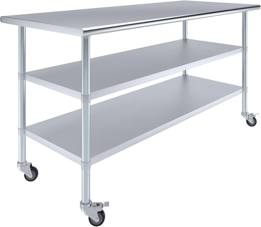 AmGood Stainless Steel Work Table with 2 Shelves and Casters | Metal Utility Table On Wheels (Stainless Steel Work Table with 2 Shelves + Casters, 72" Long x 30" Deep)