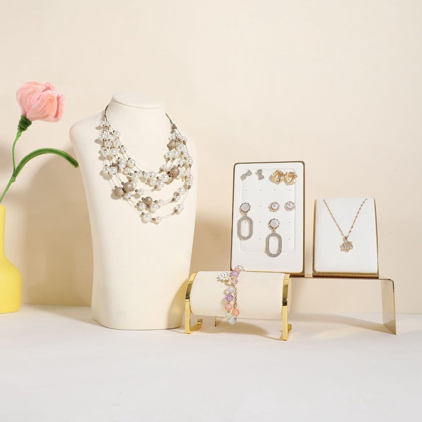 GemeShou Beige necklace hanger jewelry organizer, Velvet jewelry stand necklace holder, jewelry mannequin bust for necklaces, Jewelry boutique store photography props【Beige-Large height 11.8 inch】