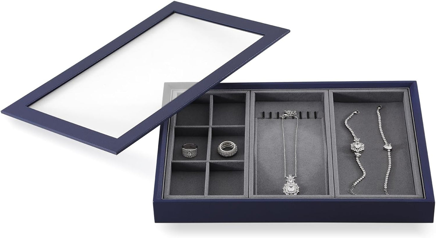 Dark Blue Jewelry Display Tray Ring Necklace Earring Bangle Organizer Multifunctional Storage Case for Jewelry Showcase (Long Necklace Tray)