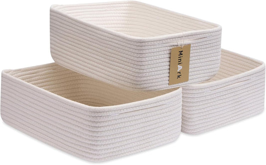 Large Shallow Organizing Baskets 15x11x5.1 Inches - Rope Woven Storage Bins for Bathroom, Shelves, Cube Closet, Off White 3 Packs