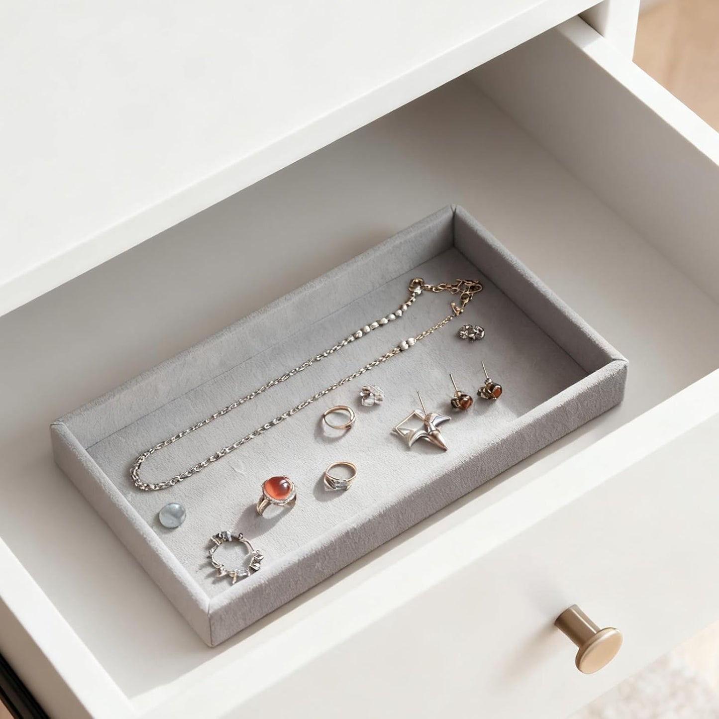 JEUIHAU 15 Pack Velvet Jewelry Organizer Trays, 8.3 x 5 Inch Stackable Drawer Inserts, Jewelry Storage Trays for Earrings Rings Necklaces, Gray