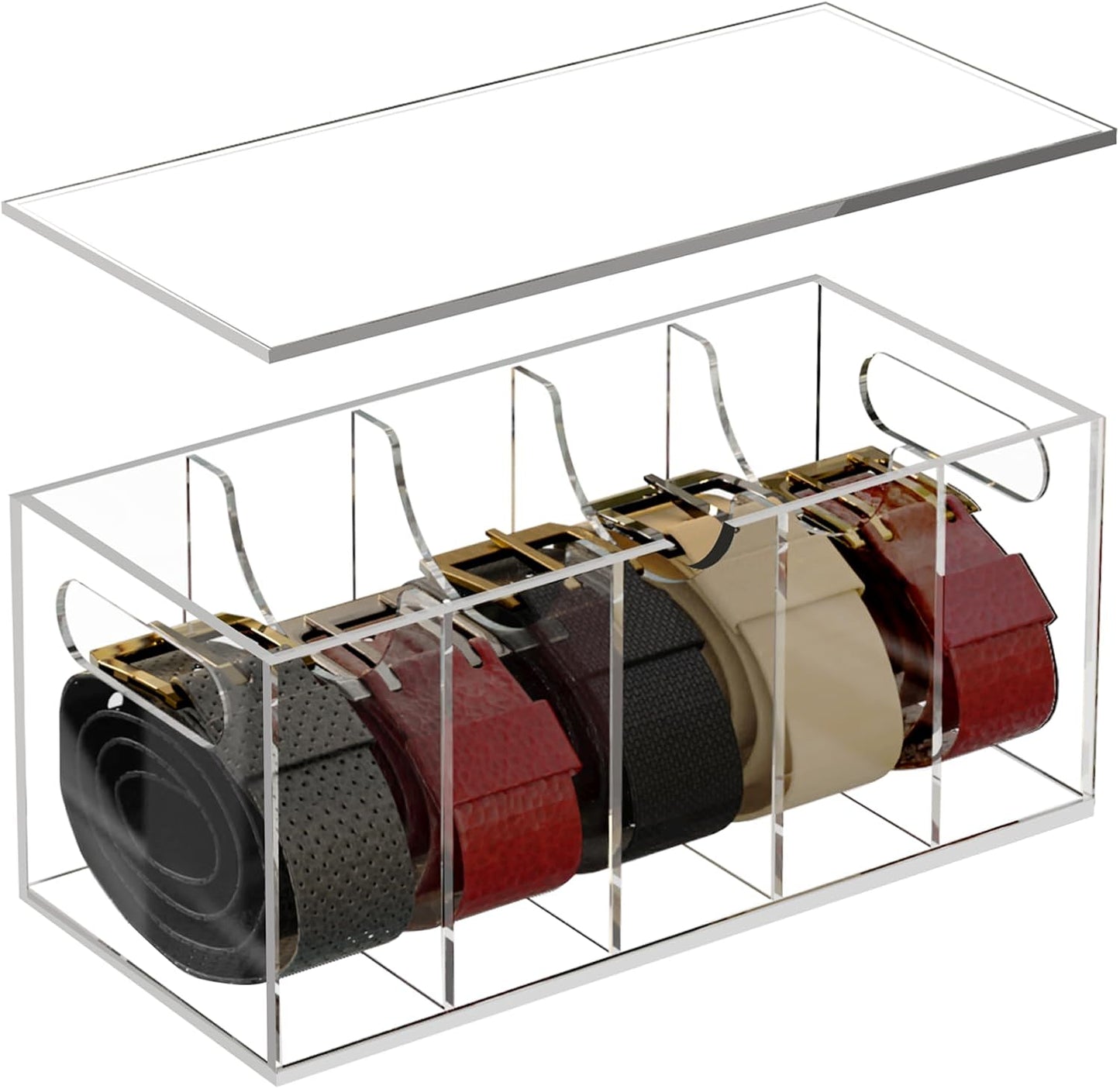 Acrylic Belt Organizer Holder for Closet with Dust Cover Lid - Clear Storage Display Case for Drawer - 5 Compartments