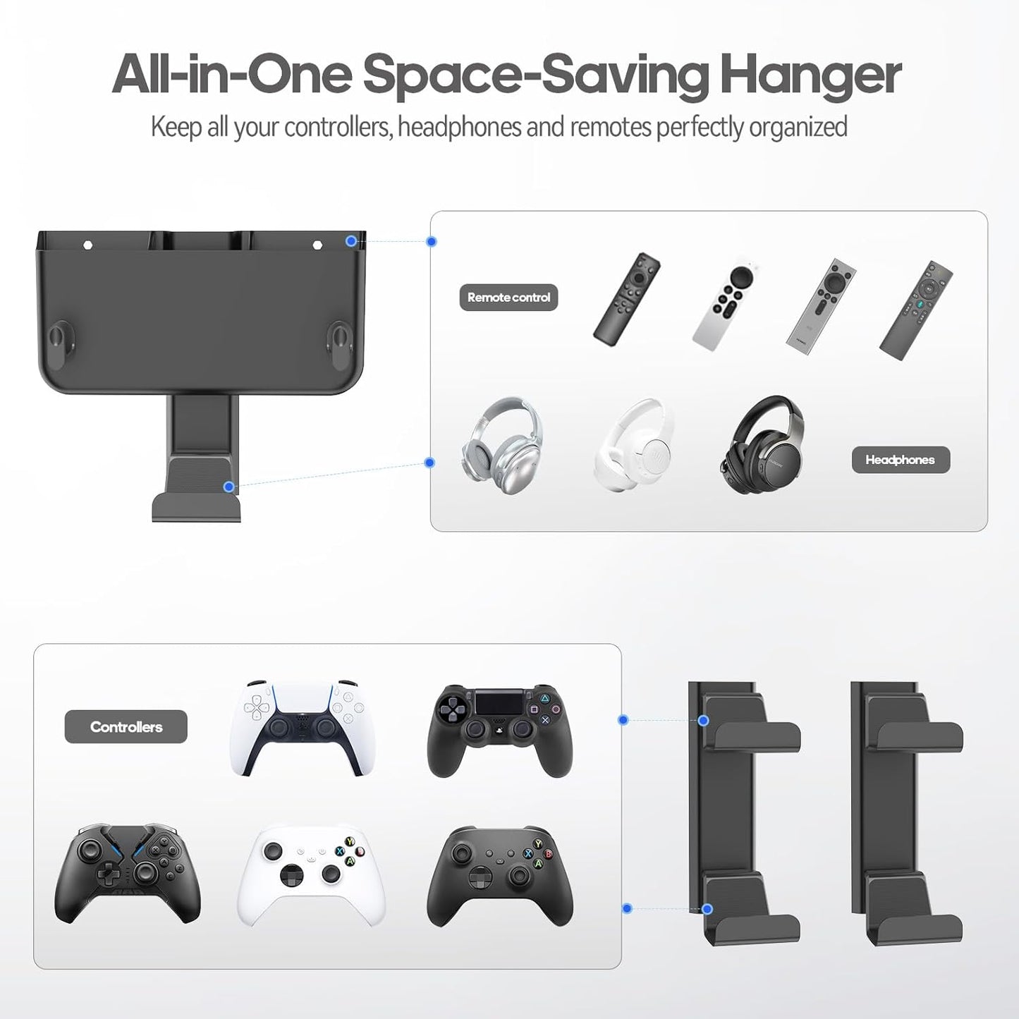 Controller & Headset & Remote Holder Wall Mount with No Drill, 4 Packs Gaming 8 Controllers Hanger Hook Mount for PS5/PS4/XBOX/Switch, Headphone Stand & Remote Control Holer Wall Shelf with Adhesives