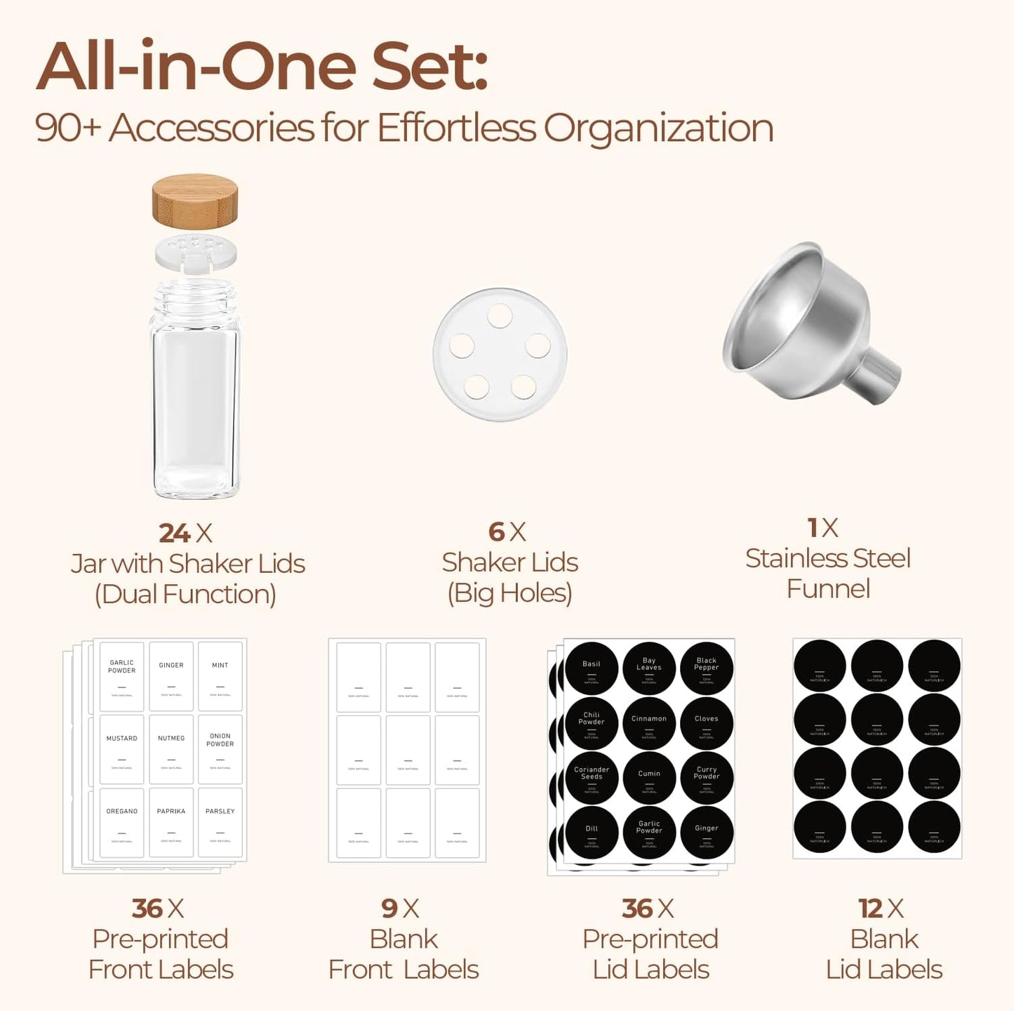 ComSaf Spice Jars with Label 4 oz 24Pcs, Glass Spice Jars with 6 Extra Shaker Inserts and 93 Labels, Seasoning Set with Bamboo Lids and Metal Funnel, Square Containers for Organization, Salt, Pepper