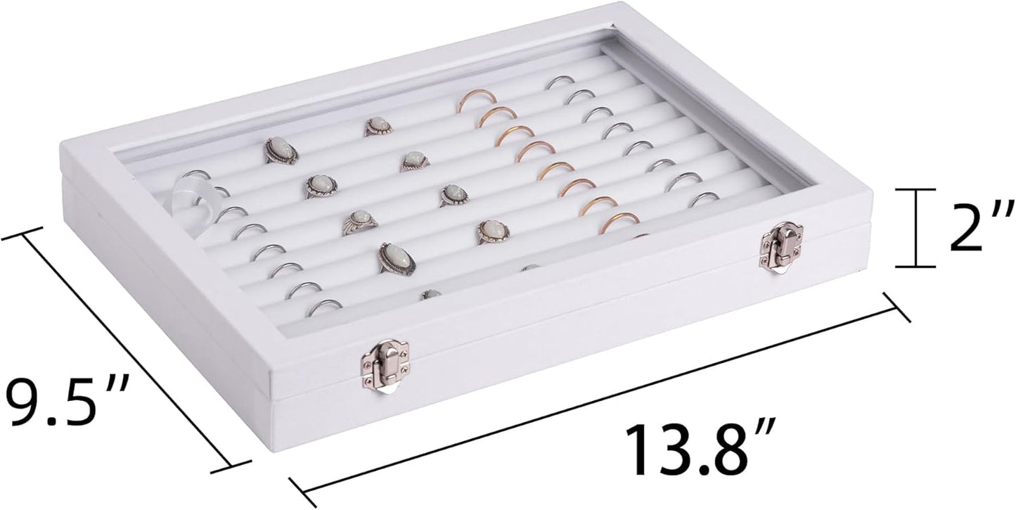 Frebeauty Rings/Earrings Organizer Tray with Clear Lid 10 Slots Velvet Drawer Insert Jewelry Storage box Transparent Glass lid Jewelry Display Case Showcase Gift for Girls Women (White, 10 Slots)