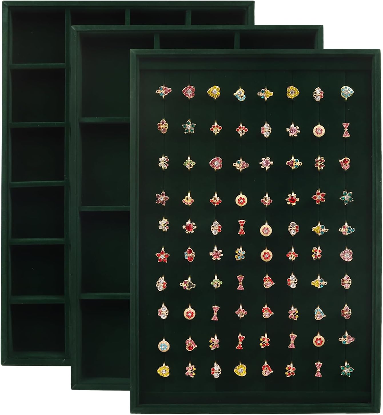 Rocutus Jewelry Trays,3 Pack Stackable Velvet Jewelry Organizer Tray Drawer Jewelry Storage Tray,Divided Ring Organizer Tray for Earrings, Necklaces, Bracelets,13.8"x9.5"x1.2" (Dark Green)