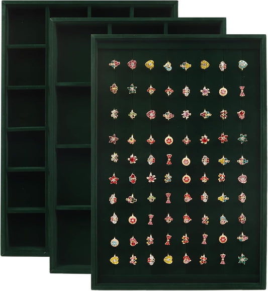Rocutus Jewelry Trays,3 Pack Stackable Velvet Jewelry Organizer Tray Drawer Jewelry Storage Tray,Divided Ring Organizer Tray for Earrings, Necklaces, Bracelets,13.8"x9.5"x1.2" (Dark Green)